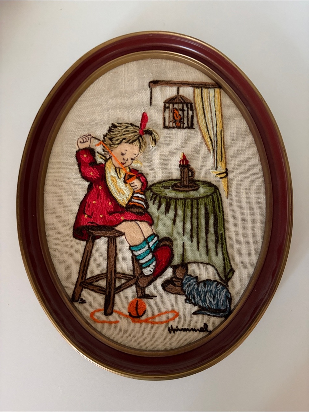 Himmel Vintage Hand-Embroidered Girl Knitting Wall Art